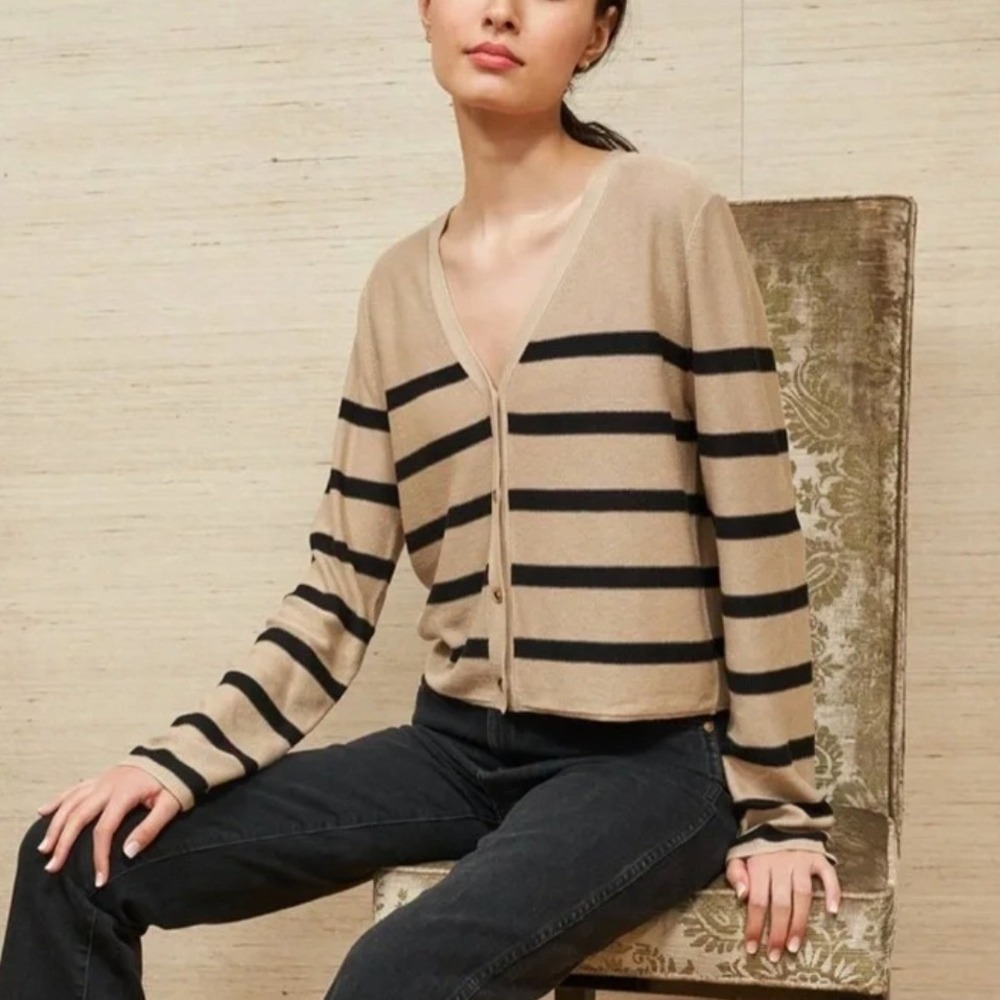 La Ligne Serge Cardigan Medium Tan Black Striped V-Neck Button Front Lightweight